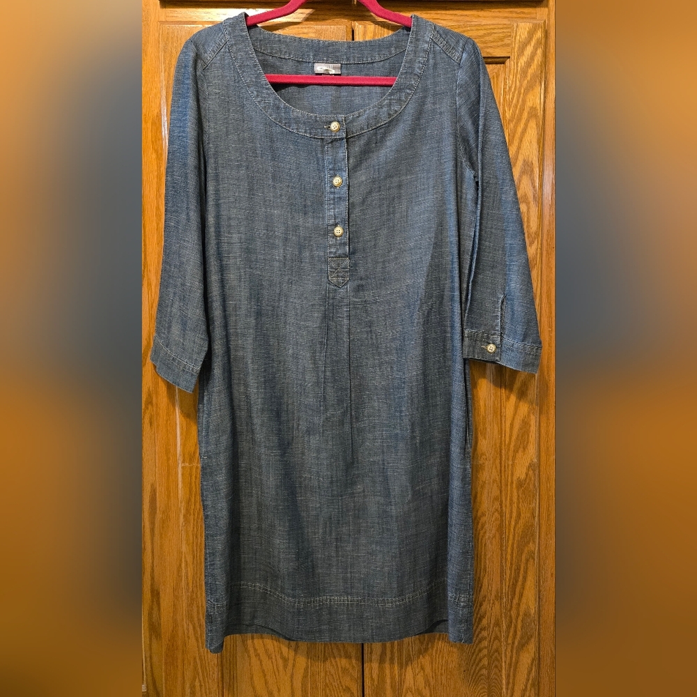 J Jill Linen Blend Chambray Blue Scoop Neck Midi Dress Relaxed Fit Casual Sz XS